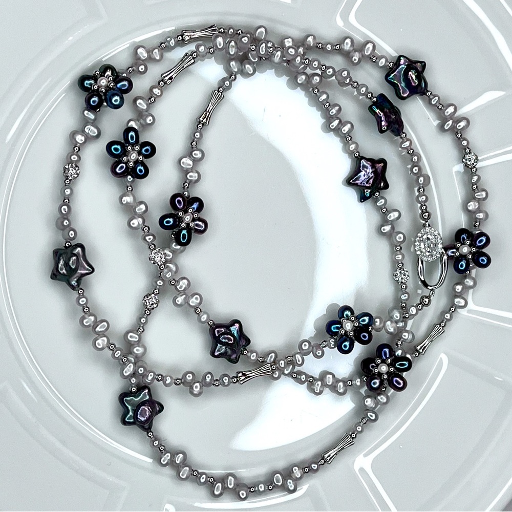 Handmade Freshwater Silvery Gray Peacock Flower 🌺 Star  Pearl Ex Long Necklace - Picture 3 of 5